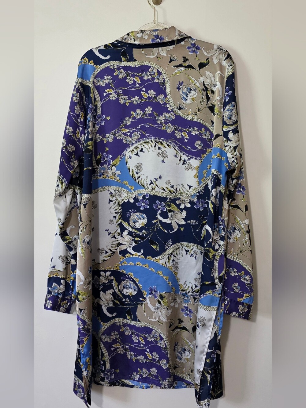 Susan Graver Oversize Vibrant Duster Tunic Floral Scroll Baroque Button Up Large